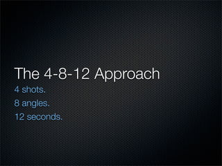 The 4-8-12 Approach
4 shots.
8 angles.
12 seconds.
 