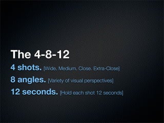 The 4-8-12
4 shots. [Wide. Medium. Close. Extra-Close]
8 angles. [Variety of visual perspectives]
12 seconds. [Hold each shot 12 seconds]
 