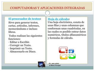 COMPUTADORAS Y APLICACIONES INTEGRADAS
El procesador de textos:
Sirve para generar textos,
cartas, artículos, informes,
memorándums e incluso
libros.
Todos realizan las siguientes
funciones:
· Editar o Escribir.
· Corregir un Texto.
· Imprimir un Texto.
· Almacenarlo en Disco.
Hoja de cálculo:
Una hoja electrónica, consta de
unas filas y unas columnas que
conforman unas cuadrículas, en
las cuales es posible entrar datos
numéricos, títulos alfanuméricos
y formulas de cálculo.
 
