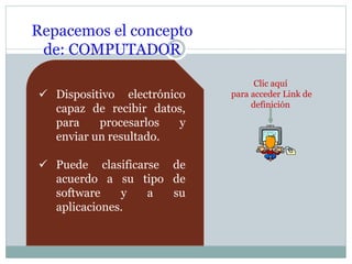 Repacemos el concepto
de: COMPUTADOR
 Dispositivo electrónico
capaz de recibir datos,
para procesarlos y
enviar un resultado.
 Puede clasificarse de
acuerdo a su tipo de
software y a su
aplicaciones.
Clic aquí
para acceder Link de
definición
 