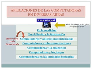 APLICACIONES DE LAS COMPUTADORAS
EN DIVERSAS ÁREAS
En la medicina
En el diseño y la fabricación
Computadoras y aplicaciones integradas
Computadoras y telecomunicaciones
Computadoras y la educación
Computadoras y los juegos
Computadoras en las entidades bancarias
Hacer clic en este icono, para
volver a este menú
Hacer clic a
cada
hipervínculo
 