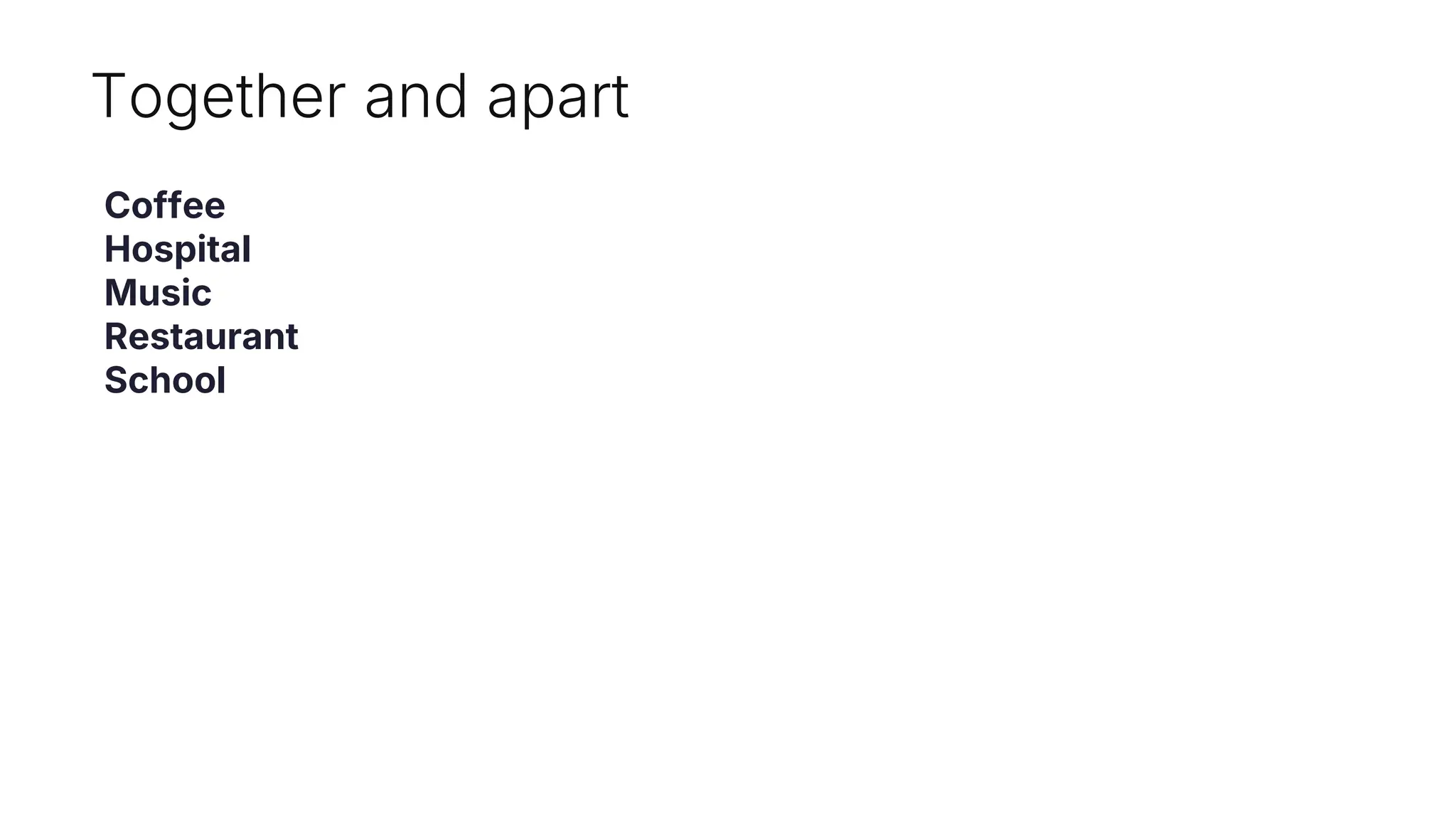 Together and apart
Coffee
Hospital
Music
Restaurant
School
 