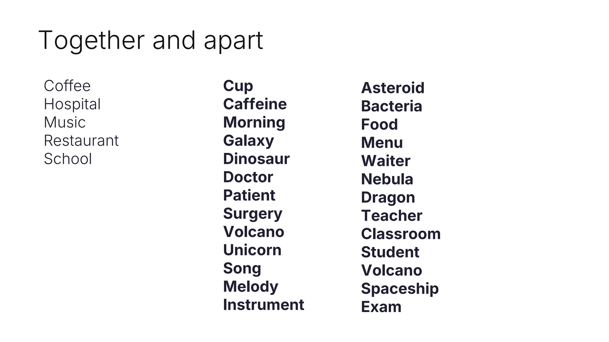 Together and apart
Coffee
Hospital
Music
Restaurant
School
Cup
Caffeine
Morning
Galaxy
Dinosaur
Doctor
Patient
Surgery
Volcano
Unicorn
Song
Melody
Instrument
Asteroid
Bacteria
Food
Menu
Waiter
Nebula
Dragon
Teacher
Classroom
Student
Volcano
Spaceship
Exam
 