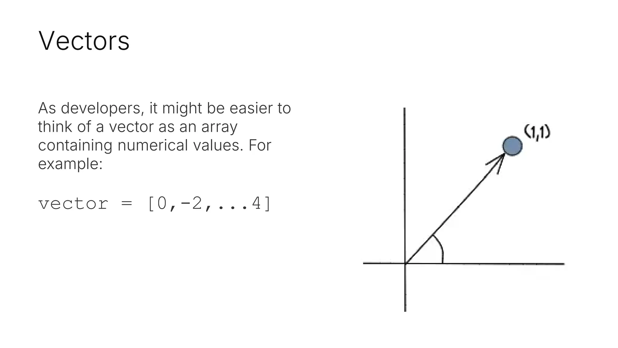 Vectors
As developers, it might be easier to
think of a vector as an array
containing numerical values. For
example:
vector = [0,-2,...4]
 
