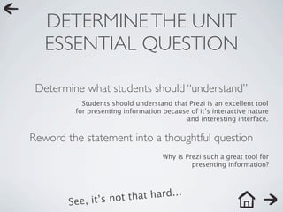 DETERMINE THE UNIT
   ESSENTIAL QUESTION

 Determine what students should “understand”
           Students should understand that Prezi is an excellent tool
         for presenting information because of it’s interactive nature
                                          and interesting interface.


Reword the statement into a thoughtful question
                                    Why is Prezi such a great tool for
                                             presenting information?




               t’s not tha t hard...
        See, i
 