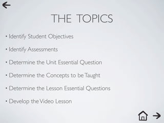 THE TOPICS
• Identify   Student Objectives

• Identify Assessments

• Determine     the Unit Essential Question

• Determine     the Concepts to be Taught

• Determine     the Lesson Essential Questions

• Develop     the Video Lesson
 