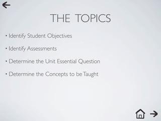 THE TOPICS
• Identify   Student Objectives

• Identify Assessments

• Determine     the Unit Essential Question

• Determine     the Concepts to be Taught
 