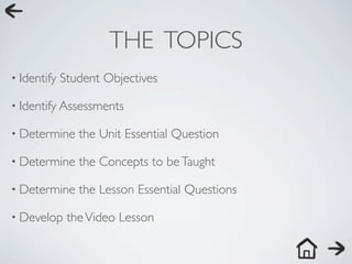 THE TOPICS
• Identify   Student Objectives

• Identify Assessments

• Determine     the Unit Essential Question

• Determine     the Concepts to be Taught

• Determine     the Lesson Essential Questions

• Develop     the Video Lesson
 
