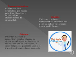 Presupuestos teóricos: 
La conducta esta 
determinada por causas 
genéticas, biológicas e 
intrapsiquicas. 
Modelo medico de 
enfermedad. 
Variables 
Entidades nosológicas 
(características distintivas que 
permiten definir enfermedad) 
trastornos biológicos . 
Objetivos: 
Describir, clasificar y 
pronosticar. Estudiar el grado de 
afectación del trastorno, los factores 
histórico-biográfico, etiológicos, el 
curso del proceso psicopatológico y el 
tratamiento fenomenológico adecuado 
 