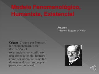 Origen :Creado por Husserl, 
la fenomenología y su 
derivación, el 
existencialismo, configuró 
una concepción del hombre 
como ser personal, singular, 
determinado por su propia 
percepción del mundo 
Autores: 
Husserl, Rogers y Kelly 
 