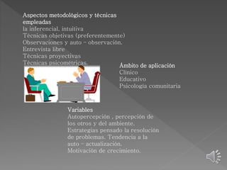 Aspectos metodológicos y técnicas 
empleadas 
la inferencial, intuitiva 
Técnicas objetivas (preferentemente) 
Observaciones y auto – observación. 
Entrevista libre 
Técnicas proyectivas 
Técnicas psicométricas. Ámbito de aplicación 
Clínico 
Educativo 
Psicología comunitaria 
Variables 
Autopercepción , percepción de 
los otros y del ambiente. 
Estrategias pensado la resolución 
de problemas. Tendencia a la 
auto – actualización. 
Motivación de crecimiento. 
 