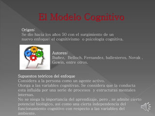 Origen: 
Se dio hacia los años 50 con el surgimiento de un 
nuevo enfoque; el cognitivismo o psicología cognitiva. 
Autores: 
Ibañez, Belloch, Fernandez, ballesteros, Novak , 
Gowin, entre otros. 
Supuestos teóricos del enfoque 
Considera a la persona como un agente activo. 
Otorga a las variables cognitivas. Se considera que la conducta 
esta influida por una serie de procesos y estructuras mentales 
internas. 
No se niega la importancia del aprendizaje, pero , se admite cierto 
potencial biológico, así como una cierta independencia del 
funcionamiento cognitivo con respecto a las variables del 
ambiente. 
 