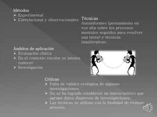 Métodos 
 Experimental 
 Correlacional y observacionales Técnicas 
Autoinformes (pensamiento en 
voz alta sobre los procesos 
mentales seguidos para resolver 
una tarea) y técnicas 
taquistopicas. 
Ámbitos de aplicación 
 Evaluación clínica 
 En el contexto escolar se intenta 
conocer 
 Investigación 
Criticas 
 Falta de validez ecológica de algunas 
investigaciones. 
 No se ha logrado establecer un marco teórico que 
agrupe datos dispersos de investigaciones. 
 Las técnicas se utilizan con la finalidad de evaluar 
proceso. 
 