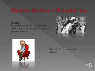 ORIGEN 
El modelo nace de la psicología 
clínica entre la primera y segunda 
guerra mundial 
Necesidad de evaluación 
clínica 
 