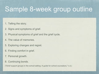 1. Telling the story.
2. Signs and symptoms of grief.
3. Physical symptoms of grief and the grief cycle.
4. The value of memories.
5. Exploring changes and regret.
6. Finding comfort in grief.
7. Personal growth.
8. Continuing bonds.
("Grief support groups in the school setting: A guide for school counselors," n.d.)
 