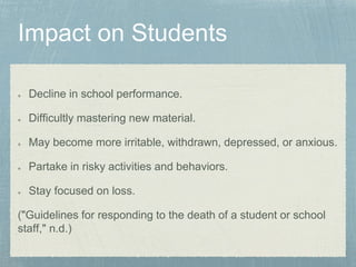 Decline in school performance.
Difficultly mastering new material.
May become more irritable, withdrawn, depressed, or anxious.
Partake in risky activities and behaviors.
Stay focused on loss.
("Guidelines for responding to the death of a student or school
staff," n.d.)
 