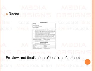  Recce
Preview and finalization of locations for shoot.
 
