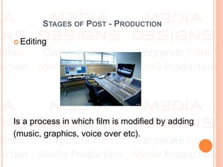 STAGES OF POST - PRODUCTION
 Editing
Is a process in which film is modified by adding
(music, graphics, voice over etc).
 