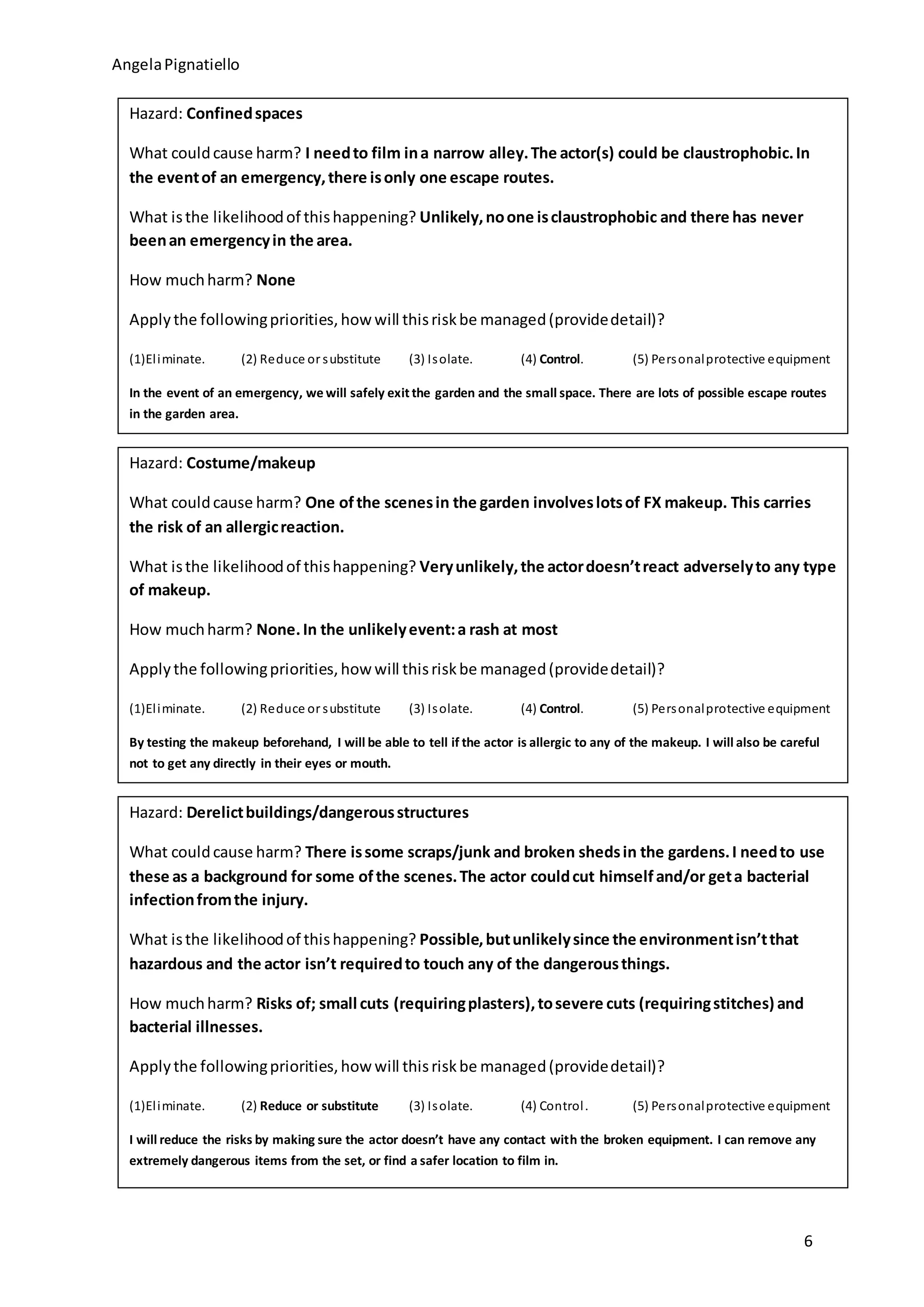 Video production risk assessment | DOCX