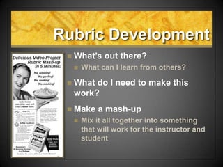Rubric Development
 What’s out there?
 What can I learn from others?
 What do I need to make this
work?
 Make a mash-u...