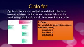Ciclo for
• Ogni ciclo iterativo è caratterizzato dal fatto che deve
essere definito un indice detto contatore del ciclo. La
struttura algoritmica di un ciclo iterativo è riportata sotto.
In Python
for variabile in range(inizio, numero
ripetizioni,passo):
istruzione 1
istruzione 2
istruzione 3
 