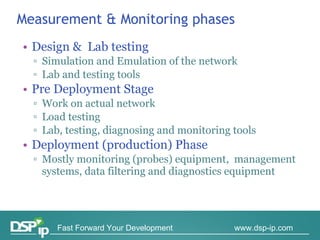 Measurement & Monitoring phases Design &  Lab testing Simulation and Emulation of the network Lab and testing tools Pre Deployment Stage Work on actual network Load testing Lab, testing, diagnosing and monitoring tools Deployment (production) Phase Mostly monitoring (probes) equipment,  management systems, data filtering and diagnostics equipment   