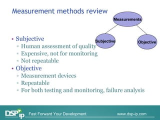 Measurement methods review S ubjective Human assessment of quality Expensive, not for monitoring Not repeatable Objective Measurement devices Repeatable For both testing and monitoring, failure analysis Objective Subjective Measurements 