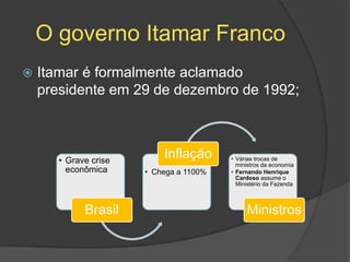 O governo Itamar Franco
   Itamar é formalmente aclamado
    presidente em 29 de dezembro de 1992;



       • Grave crise
                           Inflação      • Várias trocas de
                                           ministros da economia
         econômica     • Chega a 1100%   • Fernando Henrique
                                           Cardoso assume o
                                           Ministério da Fazenda



             Brasil                           Ministros
 