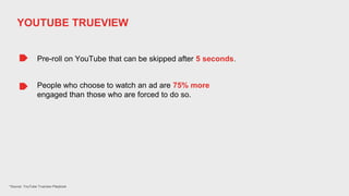 *Source: YouTube Trueview Playbook
Pre-roll on YouTube that can be skipped after 5 seconds.
People who choose to watch an ad are 75% more
engaged than those who are forced to do so.
YOUTUBE TRUEVIEW
 