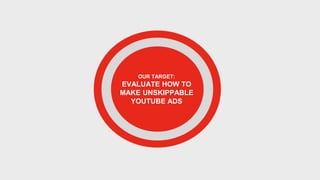OUR TARGET:
EVALUATE HOW TO
MAKE UNSKIPPABLE
YOUTUBE ADS
 
