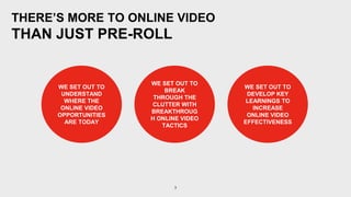 3
THERE’S MORE TO ONLINE VIDEO
THAN JUST PRE-ROLL
WE SET OUT TO
BREAK
THROUGH THE
CLUTTER WITH
BREAKTHROUG
H ONLINE VIDEO
TACTICS
WE SET OUT TO
DEVELOP KEY
LEARNINGS TO
INCREASE
ONLINE VIDEO
EFFECTIVENESS
WE SET OUT TO
UNDERSTAND
WHERE THE
ONLINE VIDEO
OPPORTUNITIES
ARE TODAY
 