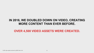 6
IN 2016, WE DOUBLED DOWN ON VIDEO, CREATING
MORE CONTENT THAN EVER BEFORE.
OVER 4,500 VIDEO ASSETS WERE CREATED.
*4,500 video assets produced by BBDO New York
 