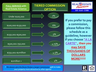 SM TIERED COMMISSION  OPTION Under $100,000 $100,000-$250,000 $250,001-$500,000 $500,001-750,000 $750,001-$1million $1million + 7% 6% 5% 4.75% 4.5% 4% If you prefer to pay a commission, please follow this schedule as a guideline; however if you choose  “A LA CARTE”  , then you  may SAVE THOUSANDS OF DOLLARS MORE !!!!!! FULL SERVICE  with Real Estate America *  We always give the Buyer Broker a larger Commission   split to make your property more attractive to other agents! 
