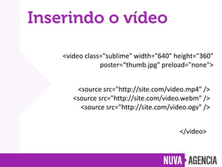 <video class="sublime" width="640" height="360"
poster=“thumb.jpg" preload="none">
<source src="http://site.com/video.mp4" />
<source src="http://site.com/video.webm" />
<source src="http://site.com/video.ogv" />
</video>