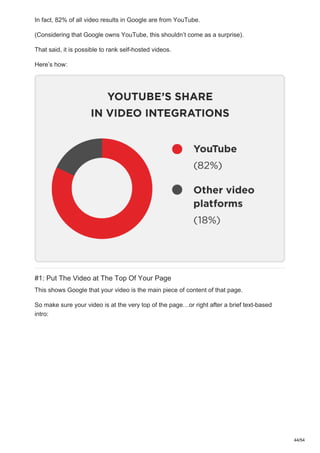 In fact, 82% of all video results in Google are from YouTube.
(Considering that Google owns YouTube, this shouldn’t come as a surprise).
That said, it is possible to rank self-hosted videos.
Here’s how:
#1: Put The Video at The Top Of Your Page
This shows Google that your video is the main piece of content of that page.
So make sure your video is at the very top of the page…or right after a brief text-based
intro:
44/54
 