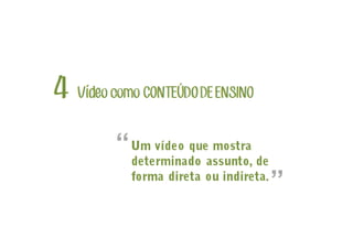 Vídeo como CONTEÚDO DE ENSINO4
Um vídeo que mostra
determinado assunto, de
forma direta ou indireta.
“
”
 