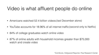 Video is what affluent people do online 
• Americans watched 52.4 billion videos 
(last December alone) 
• YouTube account...