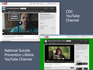 CDC
                      YouTube
                      Channel




National Suicide
Prevention Lifeline
YouTube Channel
 