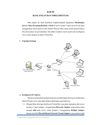 BAB III 
RANCANGAN DAN IMPLEMENTASI 
Pada bagian ini akan dijelaskan langkah-langkah bagaimana Membangun 
Server Video Streaming Berbasis Cloud di Server sendiri. Untuk server di sini kami 
menggunakan sistem operasi Linux Debian Wheezy 64bit, untuk sistem operasi lainnya 
bisa disesuaikan sesuai kebutuhan. Dan dalam instalasi sistem operasi dan konfigurasi 
server, kami lakukan di dalam Virtual Box. 
1. Topologi Jaringan 
165.21.83.252/30 192.168.10.0/24 
Server Video Streaming Switch 
www.say4rt.com 
Router 
(DHCP) 
Switch 
192.168.10.0/24 
Hostpot 
Client PC 
Client PC 
Client Notebook 
Client Tablet 
Client Notebook 
Client Smart Phone 
2. Konfigurasi IP Address 
Sebelum melanjutkan ketahap berikutnya terlebih dahulu kita harus memberikan 
alamat IP pada server agar dapat diakses dijaringan yang lebih luas. 
1.1. Mengaktifkan beberapa interface di Virtual Box yang akan digunakan oleh server 
nantinya. Untuk Adapter 1 menggunakan Host-only Adapter yang nantinya akan 
menjadi eth0 pada server, untuk Adapter 2 menggunakan Bridged Adapter 
dengan memilih Microsft Hosted Network Virtual Adapter yang nantinya pada 
PRAKTIKUM ADMINISTRASI SISTEM KOMPUTER 4 
 
