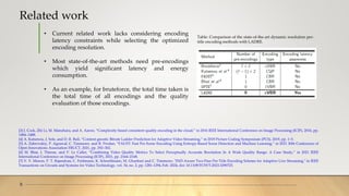 Related work
6
Table: Comparison of the state-of-the-art dynamic resolution per-
title encoding methods with LADRE.
[3] J. Cock, Zhi Li, M. Manohara, and A. Aaron, “Complexity-based consistent-quality encoding in the cloud,” in 2016 IEEE International Conference on Image Processing (ICIP), 2016, pp.
1484–1488.
[4] A. Katsenou, J. Sole, and D. R. Bull, “Content-gnostic Bitrate Ladder Prediction for Adaptive Video Streaming,” in 2019 Picture Coding Symposium (PCS), 2019, pp. 1–5.
[5] A. Zabrovskiy, P. Agrawal, C. Timmerer, and R. Prodan, “FAUST: Fast Per-Scene Encoding Using Entropy-Based Scene Detection and Machine Learning,” in 2021 30th Conference of
Open Innovations Association FRUCT, 2021, pp. 292–302.
[6] M. Bhat, J. Thiesse, and P. Le Callet, “Combining Video Quality Metrics To Select Perceptually Accurate Resolution In A Wide Quality Range: A Case Study,” in 2021 IEEE
International Conference on Image Processing (ICIP), 2021, pp. 2164–2168.
[7] V. V. Menon, P. T. Rajendran, C. Feldmann, K. Schoeffmann, M. Ghanbari and C. Timmerer, "JND-Aware Two-Pass Per-Title Encoding Scheme for Adaptive Live Streaming," in IEEE
Transactions on Circuits and Systems for Video Technology, vol. 34, no. 2, pp. 1281-1294, Feb. 2024, doi: 10.1109/TCSVT.2023.3290725.
• Current related work lacks considering encoding
latency constraints while selecting the optimized
encoding resolution.
• Most state-of-the-art methods need pre-encodings
which yield significant latency and energy
consumption.
• As an example, for bruteforce, the total time taken is
the total time of all encodings and the quality
evaluation of those encodings.
 