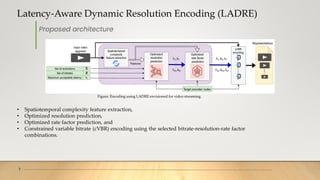 Latency-Aware Dynamic Resolution Encoding (LADRE)
7
Figure: Encoding using LADRE envisioned for video streaming.
• Spatiotemporal complexity feature extraction,
• Optimized resolution prediction,
• Optimized rate factor prediction, and
• Constrained variable bitrate (cVBR) encoding using the selected bitrate-resolution-rate factor
combinations.
Proposed architecture
 