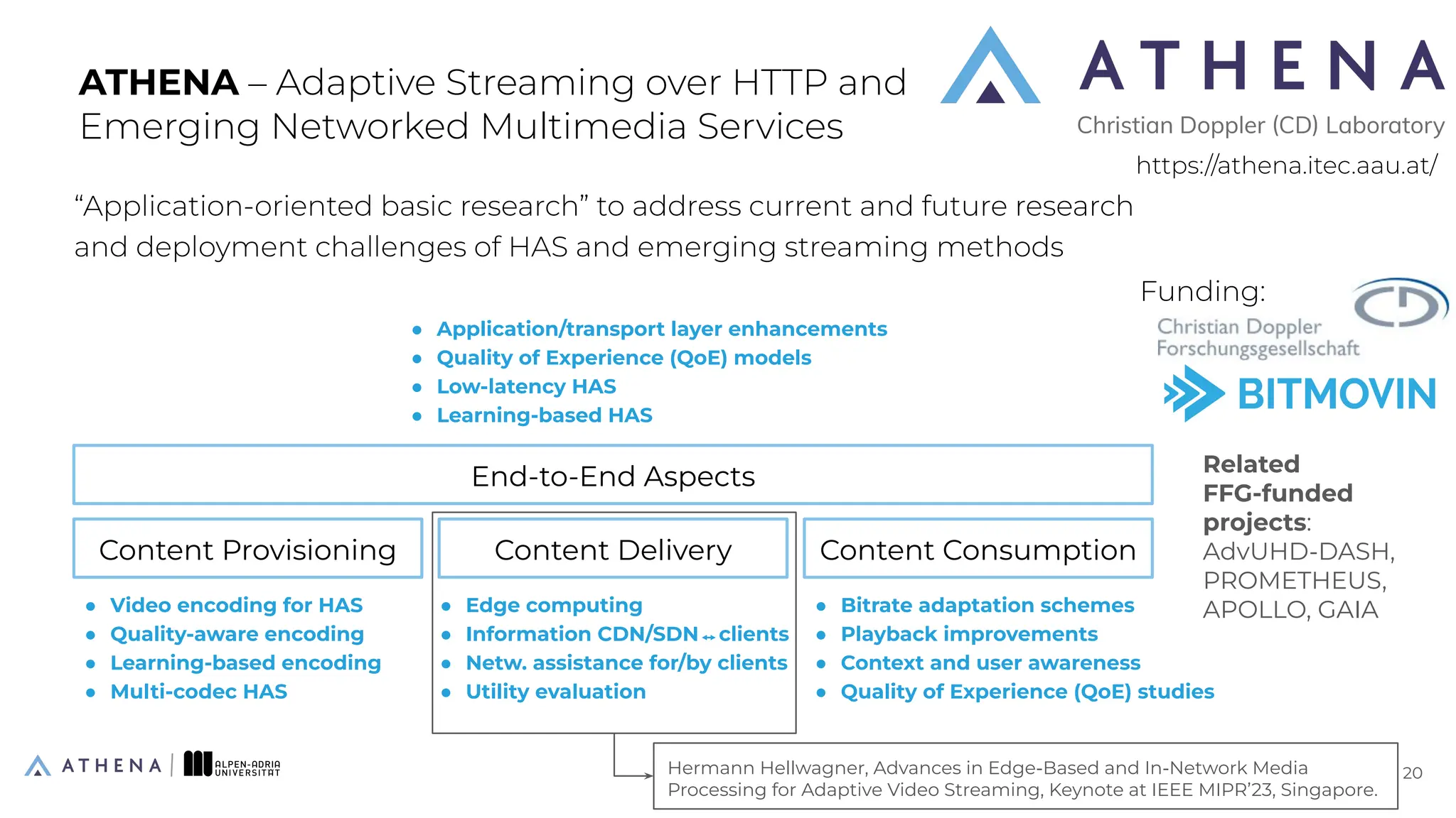 “Application-oriented basic research” to address current and future research
and deployment challenges of HAS and emerging streaming methods
ATHENA – Adaptive Streaming over HTTP and
Emerging Networked Multimedia Services
Content Provisioning Content Delivery Content Consumption
End-to-End Aspects
● Video encoding for HAS
● Quality-aware encoding
● Learning-based encoding
● Multi-codec HAS
● Edge computing
● Information CDN/SDN⇿clients
● Netw. assistance for/by clients
● Utility evaluation
● Bitrate adaptation schemes
● Playback improvements
● Context and user awareness
● Quality of Experience (QoE) studies
● Application/transport layer enhancements
● Quality of Experience (QoE) models
● Low-latency HAS
● Learning-based HAS
https://athena.itec.aau.at/
20
20
Funding:
Hermann Hellwagner, Advances in Edge-Based and In-Network Media
Processing for Adaptive Video Streaming, Keynote at IEEE MIPR’23, Singapore.
Related
FFG-funded
projects:
AdvUHD-DASH,
PROMETHEUS,
APOLLO, GAIA
 