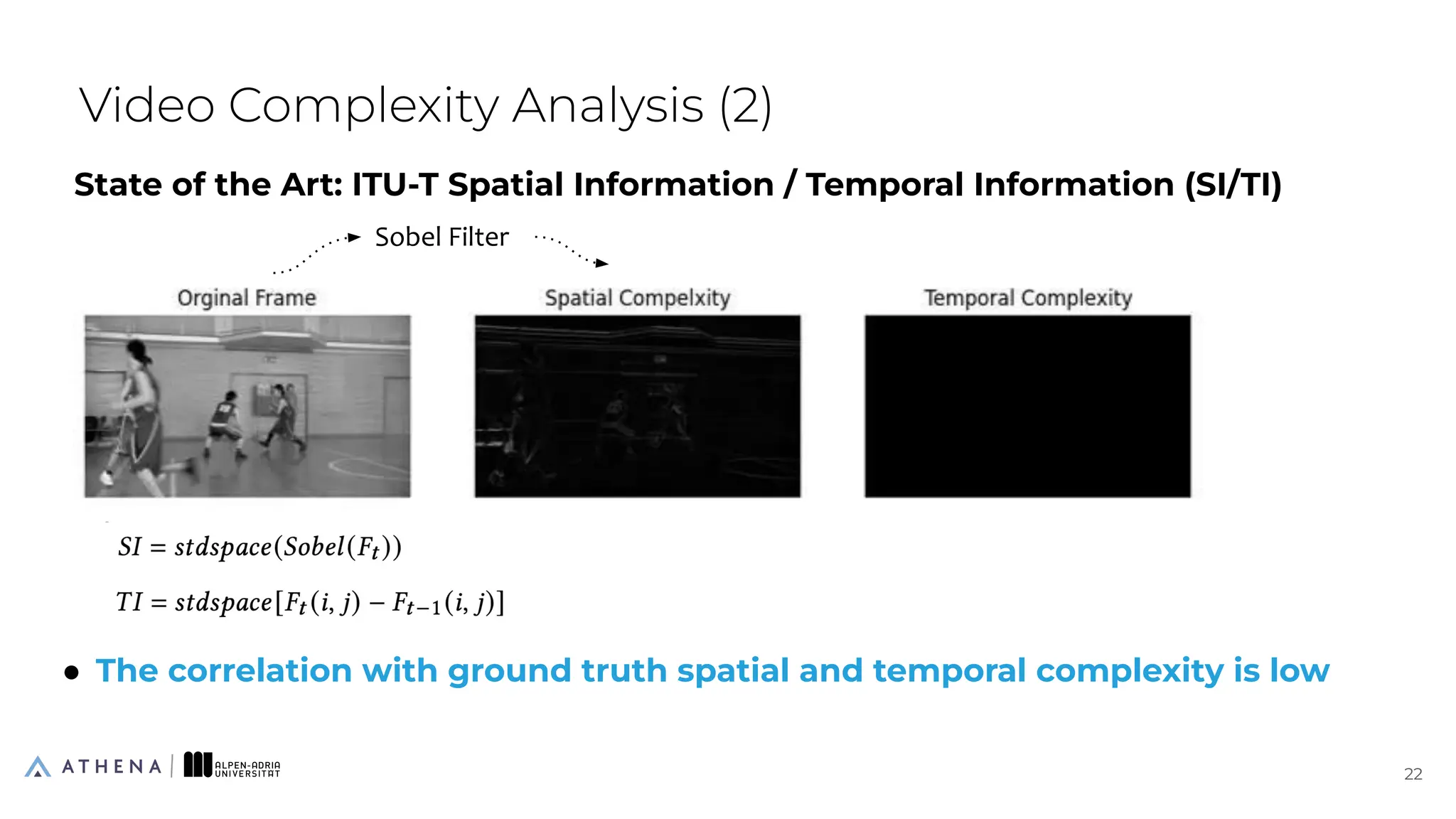 State of the Art: ITU-T Spatial Information / Temporal Information (SI/TI)
● The correlation with ground truth spatial and temporal complexity is low
Video Complexity Analysis (2)
22
22
Sobel Filter
 