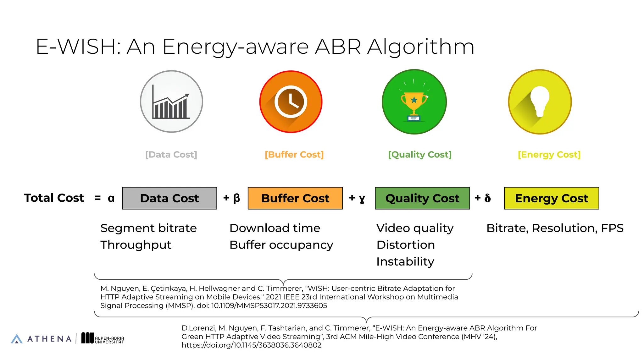 E-WISH: An Energy-aware ABR Algorithm
27
[Data Cost] [Quality Cost]
[Buffer Cost] [Energy Cost]
Data Cost Buffer Cost Quality Cost Energy Cost
Total Cost = ɑ + β + ɣ + 𝛅
Segment bitrate
Throughput
Download time
Buffer occupancy
Video quality
Distortion
Instability
Bitrate, Resolution, FPS
M. Nguyen, E. Çetinkaya, H. Hellwagner and C. Timmerer, "WISH: User-centric Bitrate Adaptation for
HTTP Adaptive Streaming on Mobile Devices," 2021 IEEE 23rd International Workshop on Multimedia
Signal Processing (MMSP), doi: 10.1109/MMSP53017.2021.9733605
D.Lorenzi, M. Nguyen, F. Tashtarian, and C. Timmerer, “E-WISH: An Energy-aware ABR Algorithm For
Green HTTP Adaptive Video Streaming”, 3rd ACM Mile-High Video Conference (MHV '24),
https://doi.org/10.1145/3638036.3640802
 