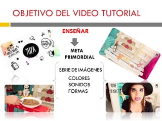 OBJETIVO DEL VIDEO TUTORIAL
ENSEÑAR
META
PRIMORDIAL
SERIE DE IMÁGENES
COLORES
SONIDOS
FORMAS
 