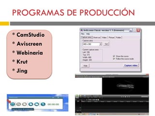 PROGRAMAS DE PRODUCCIÓN
* CamStudio
* Aviscreen
* Webinaria
* Krut
* Jing
 