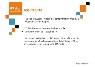 Laurent MARTEL     Adaptabilité	
  

                     	
   Vu	
   les	
   nouveaux	
   modes	
   de	
   consommaPon	
   media,	
   la	
  
                         video	
  doit	
  aussi	
  s’adapter	
  

                 •  77	
  %	
  uPlisent	
  un	
  autre	
  media	
  devant	
  la	
  TV	
  
                 •  35	
  %	
  consultent	
  de	
  la	
  catch	
  up	
  TV	
  

                   Les	
   plans	
   web-­‐video	
   /	
   TV	
   étant	
   plus	
   eﬃcaces,	
   ils
                                                                                                    	
  
                   permeQent	
  en	
  plus	
  des	
  économies	
  substanPelles	
  (8	
  %)	
  aux  	
  
                   annonceurs	
  avec	
  une	
  campagne	
  diﬀérente.	
  




                                                                                                  Source Médiamétrie
 