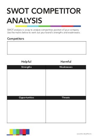SWOT COMPETITOR
ANALYSIS
Competitors
SWOT analysis is a way to analyze competitive position of your company.
Use the matrix below to work out your brand’s strengths and weaknesses.
Strengths Weaknesses
Opportunities Threats
Helpful Harmful
www.thevideoeffect.tv
 