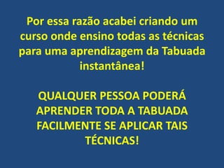 Por essa razão acabei criando um
curso onde ensino todas as técnicas
para uma aprendizagem da Tabuada
instantânea!
QUALQUER PESSOA PODERÁ
APRENDER TODA A TABUADA
FACILMENTE SE APLICAR TAIS
TÉCNICAS!

 