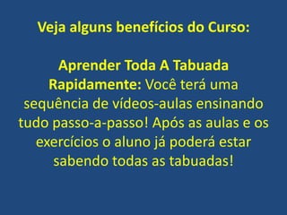 Veja alguns benefícios do Curso:
Aprender Toda A Tabuada
Rapidamente: Você terá uma
sequência de vídeos-aulas ensinando
tudo passo-a-passo! Após as aulas e os
exercícios o aluno já poderá estar
sabendo todas as tabuadas!

 